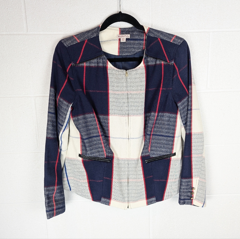 Merona Plaid Blazer Faux Leather Details Zip Up Navy Cream Red Classic Lined